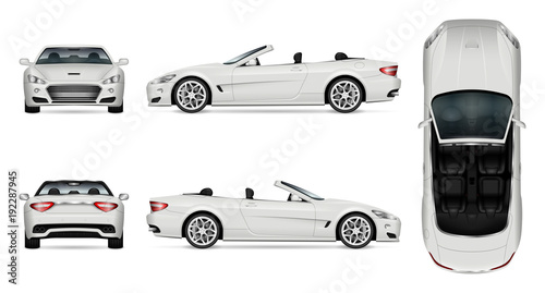 Car vector mock-up. Isolated template of cabriolet car on white. Vehicle branding mockup. Side, front, back, top view. All elements in the groups on separate layers. Easy to edit and recolor.