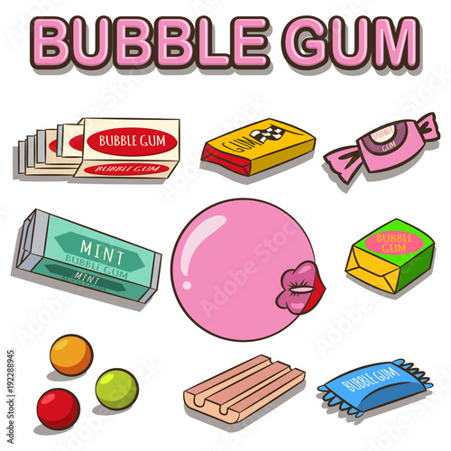 Bubble gum vector cartoon set isolated on white background. Woman lips with gum.
