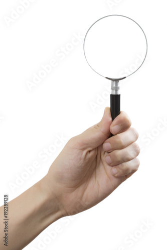 Isolated shot of holding a magnifying glass on white background