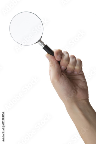 Isolated shot of holding a magnifying glass on white background