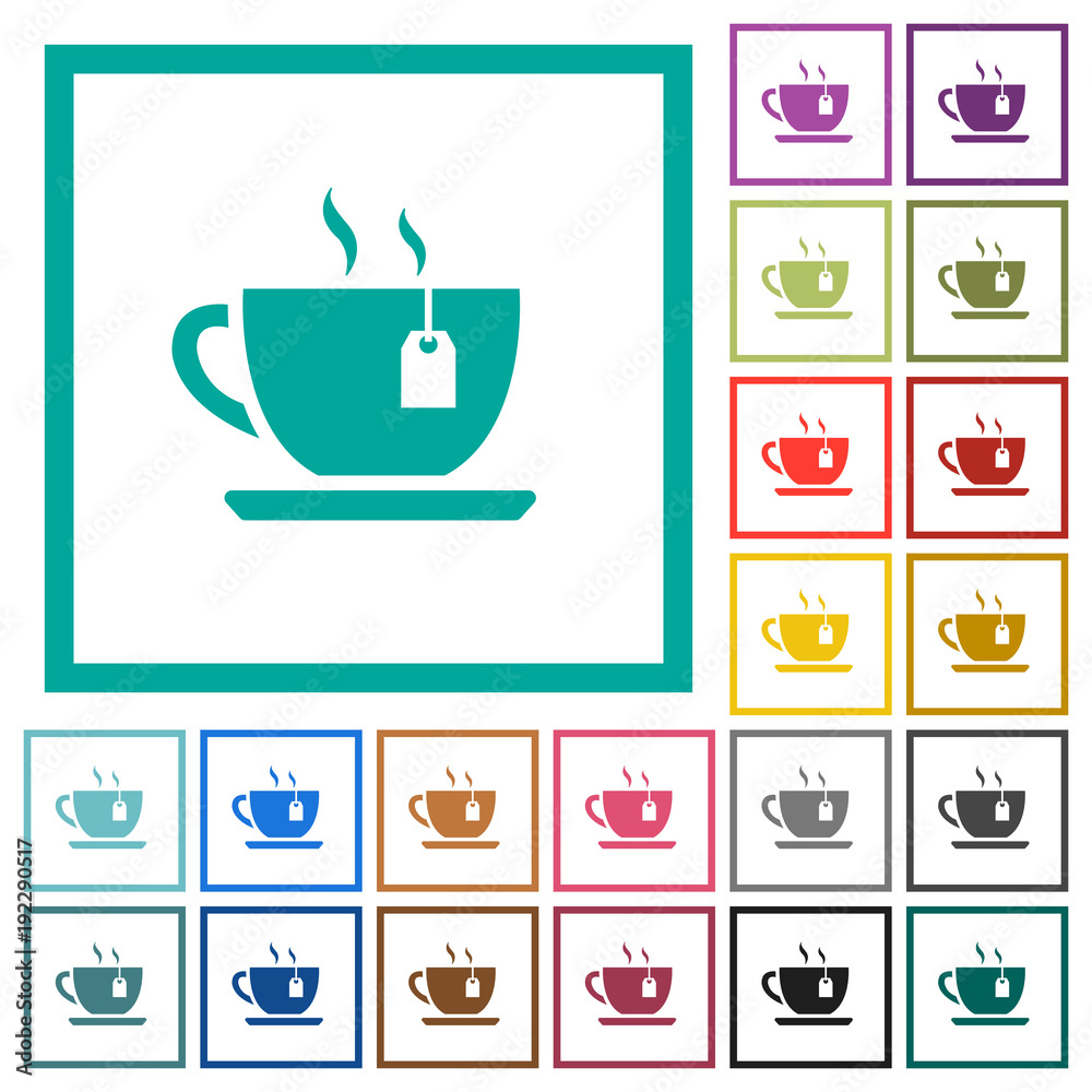 Cup of tea with teabag flat color icons with quadrant frames Cup of tea with teabag flat color icons with quadrant frames