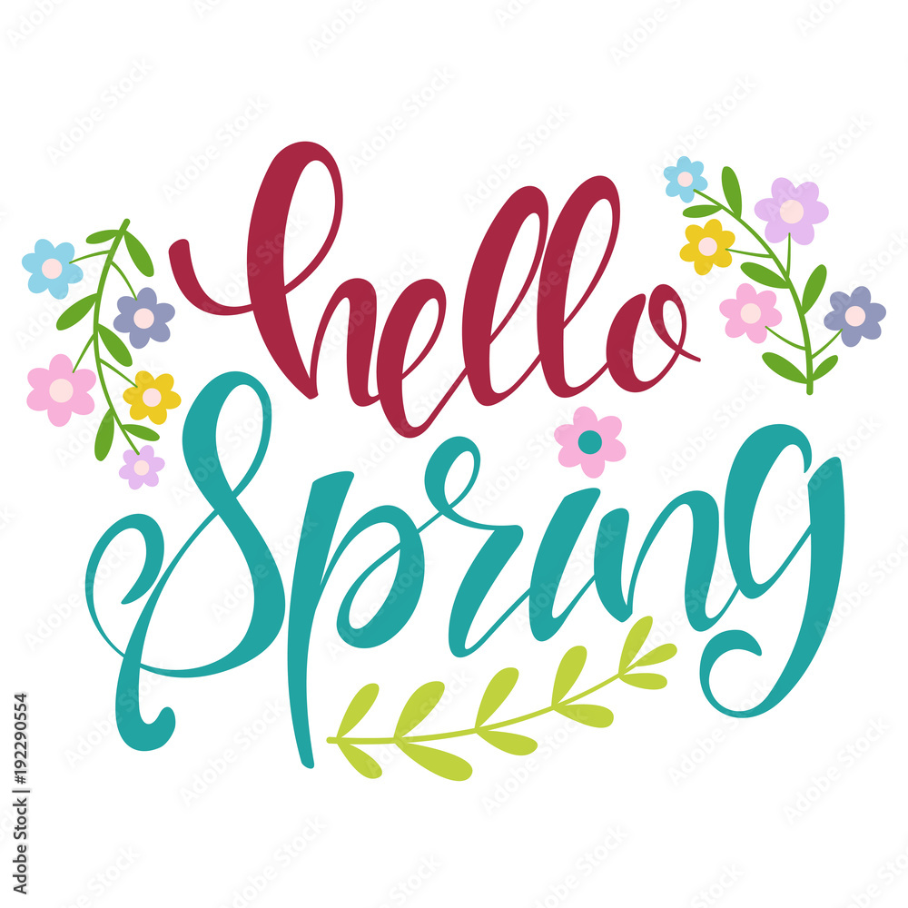 Hello Spring hand drawn text with branches and flowers. Greeting card with font isolated on a white background. Vector illustration. Hello Spring hand drawn text with branches and flowers. Greeting card with font isolated on a white background. Vector illustration.