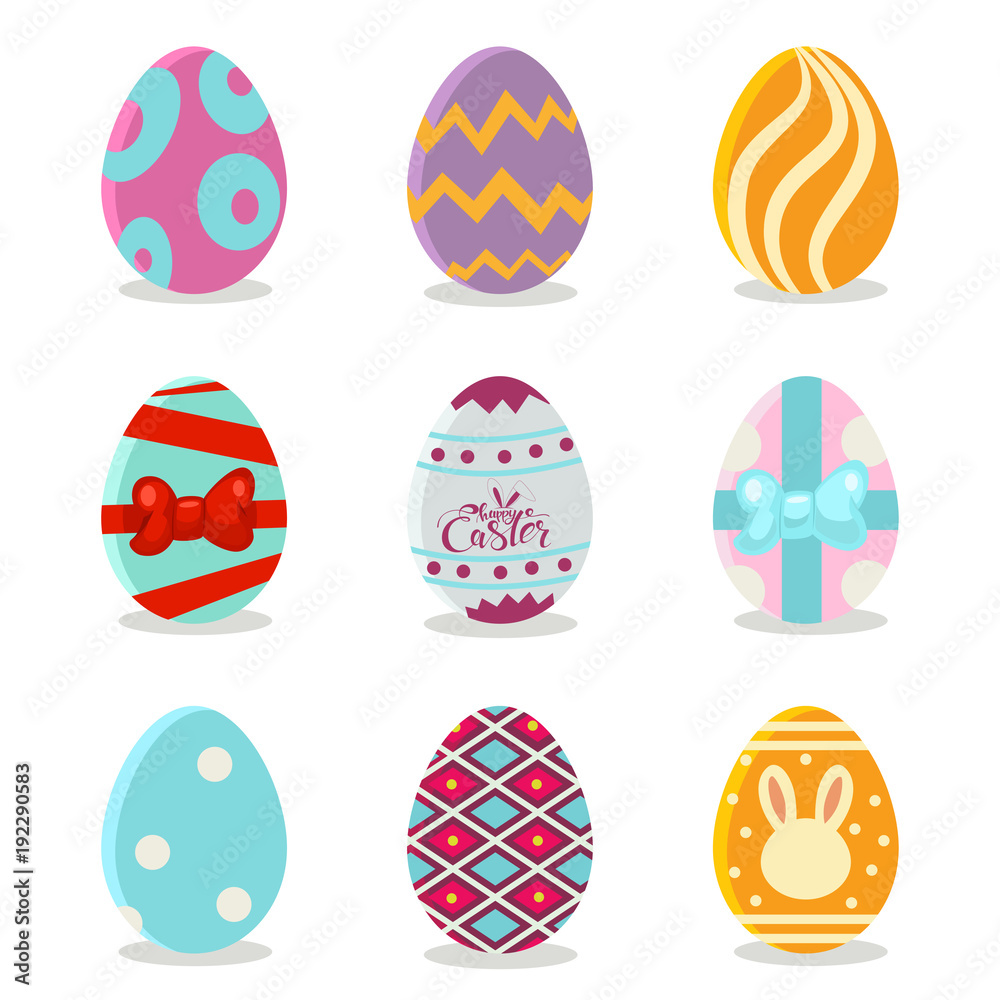 Easter eggs with colorful patterns set. Vector cartoon icons for spring holiday isolated on white background.