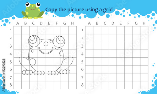 Copy the picture using a grid. Educational game for children. How to draw cute cartoon frog