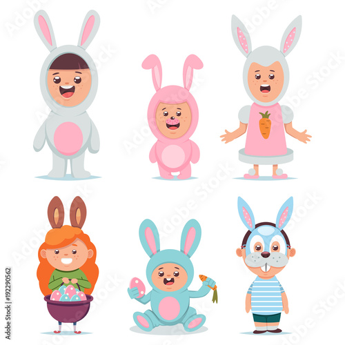 Kids in Easter bunny costume vector cartoon character set. Cute boys and girls dressed in a suit and mask rabbit isolated on white background.