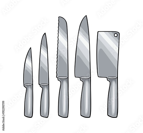 Set kitchen knifes and manual meat grinder. Vector engraving