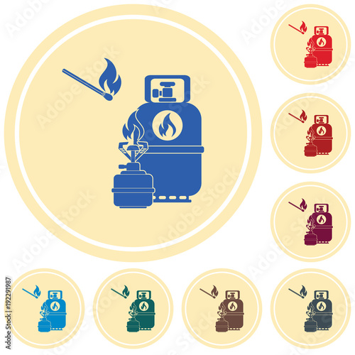 Camping stove with gas bottle icon vector