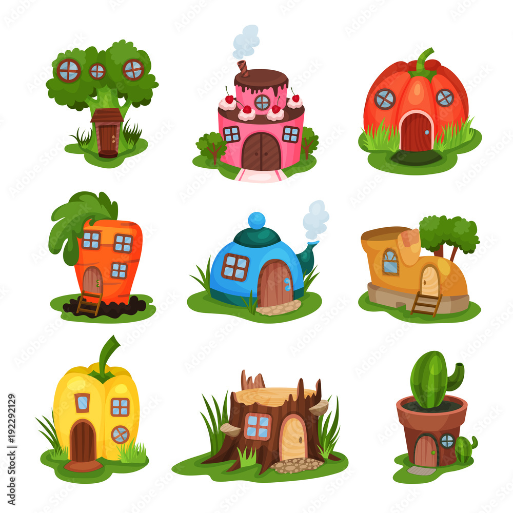 Cartoon set of fairy-tale houses in various shapes. Home in form of broccoli, cake, pumpkin, carrot, teapot, shoe, pepper, old stump and cactus in pot. Flat vector design Cartoon set of fairy-tale houses in various shapes. Home in form of broccoli, cake, pumpkin, carrot, teapot, shoe, pepper, old stump and cactus in pot. Flat vector design