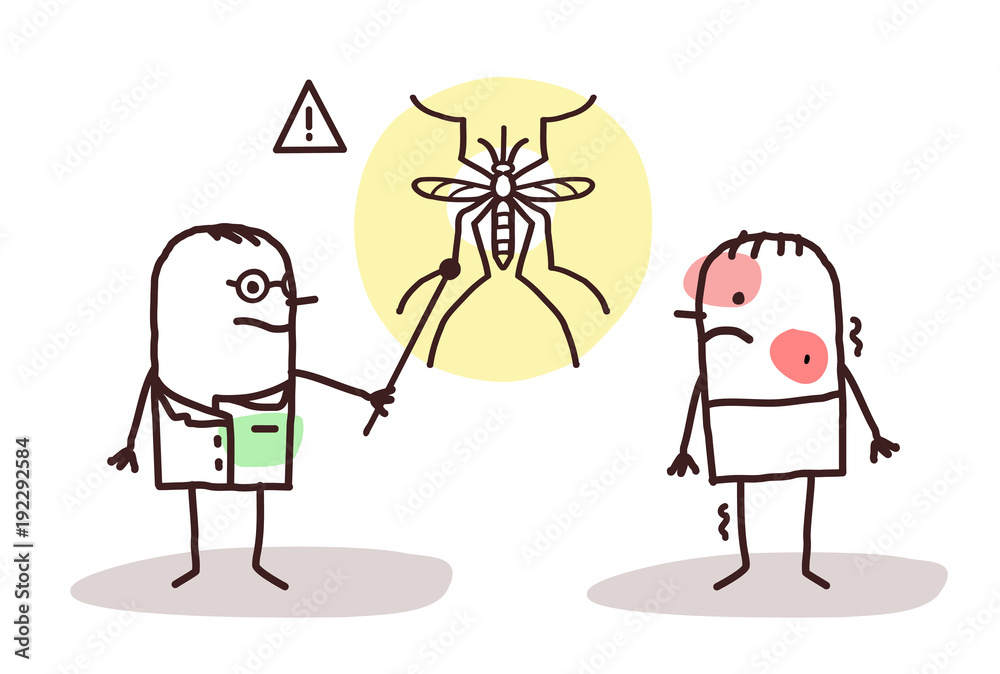 Cartoon Doctor with Sick Man and Dengue Mosquito Cartoon Doctor with Sick Man and Dengue Mosquito