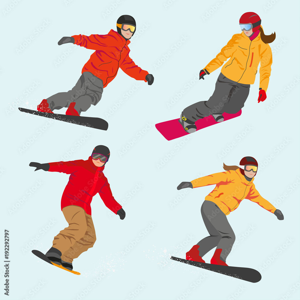 Obraz premium Set of vector sportsmen snowboarders boys and girls. Winter sport. Flat style.