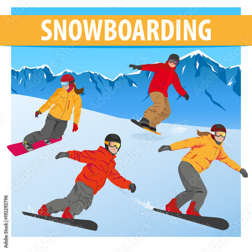 Set of vector sportsmen snowboarders boys and girls. Mountain landscape. Winter sport. Flat style.