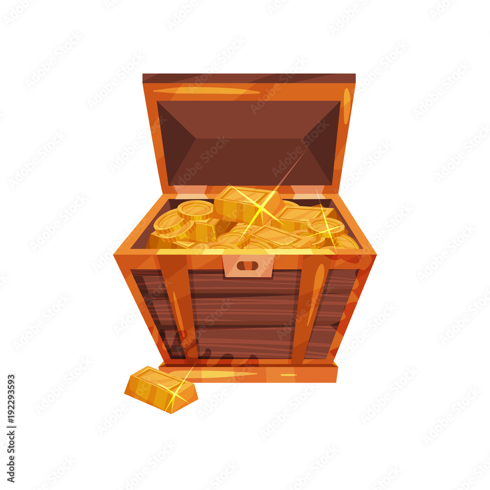Open old wooden chest full of golden coins and ingots. Pirate treasures. Graphic design element for mobile game interface. Cartoon flat vector illustration Open old wooden chest full of golden coins and ingots. Pirate treasures. Graphic design element for mobile game interface. Cartoon flat vector illustration