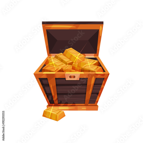 Antique wooden chest filled with shiny golden ingots. Pirate treasures. Graphic design element for mobile game interface. Cartoon flat vector icon