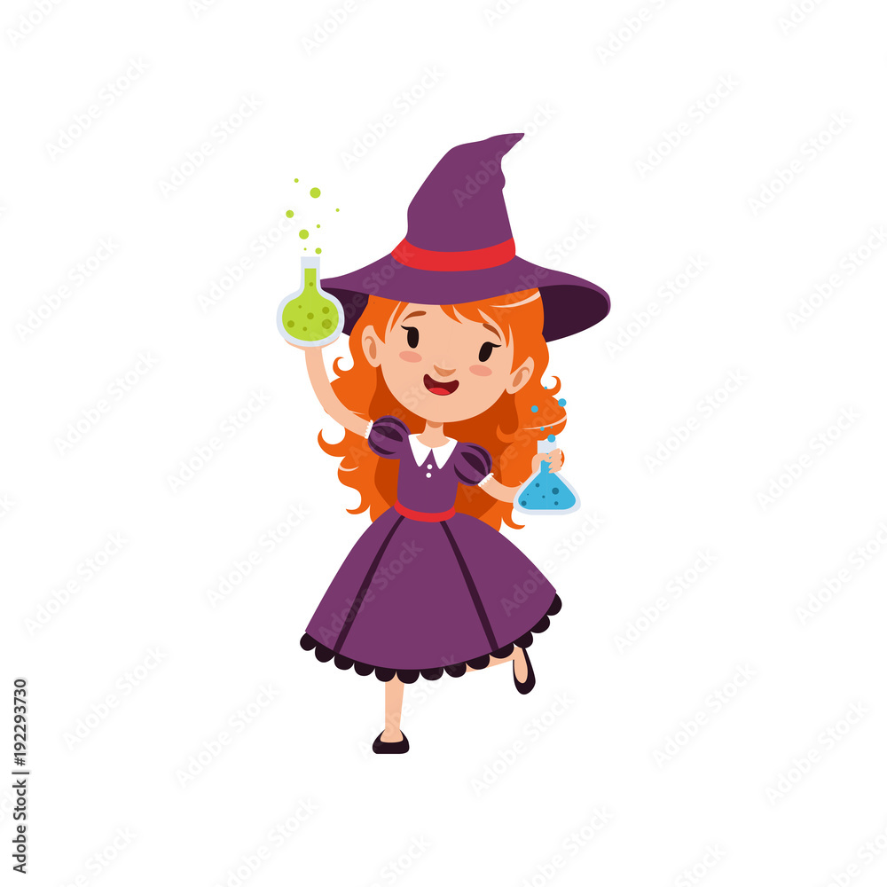 Small red-haired girl witch standing with glass flasks full of potions in his hands. Child character in purple dress and hat. Halloween costume. Flat vector on white. Small red-haired girl witch standing with glass flasks full of potions in his hands. Child character in purple dress and hat. Halloween costume. Flat vector on white.