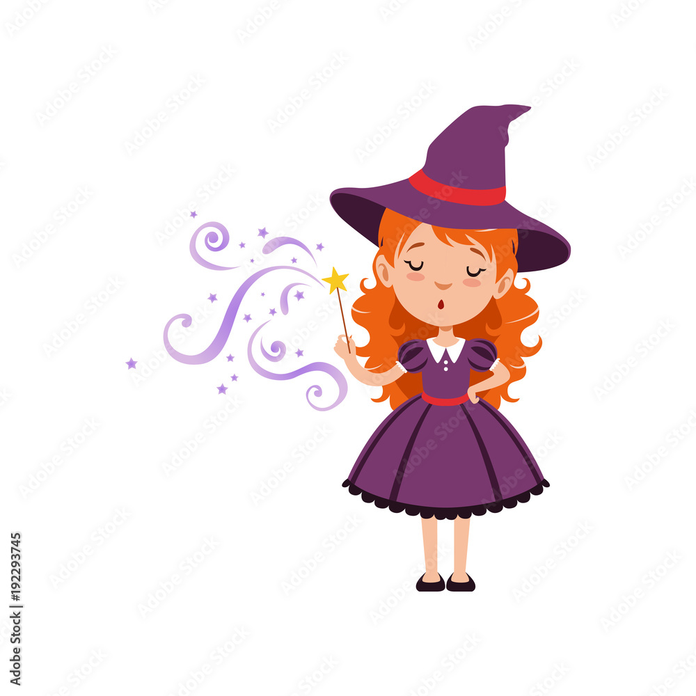 Cute small witch casts a spell with the magic wand. Young red-haired kid girl wearing purple dress and hat. Vector flat cartoon illustration isolated on white