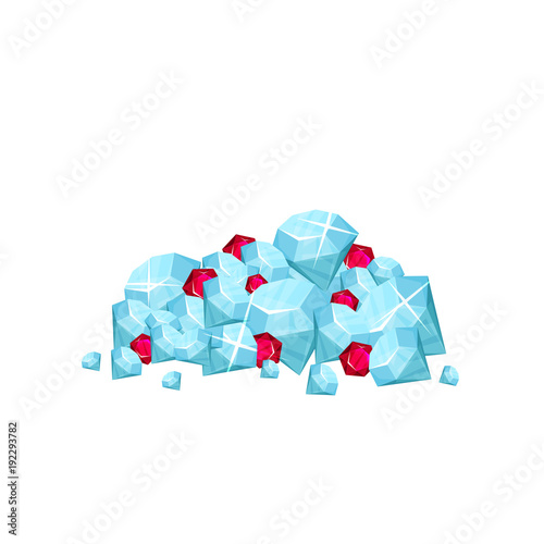 Pile of precious gemstone - blue diamonds and red rubies. Concept of expensive jewelry. Symbol of wealth. Cartoon fat vector design for mobile game