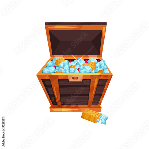 Cartoon wooden chest filled with blue diamonds, red rubies and golden bars. Concept of pirate treasures. Symbol of wealth. Colored flat vector icon