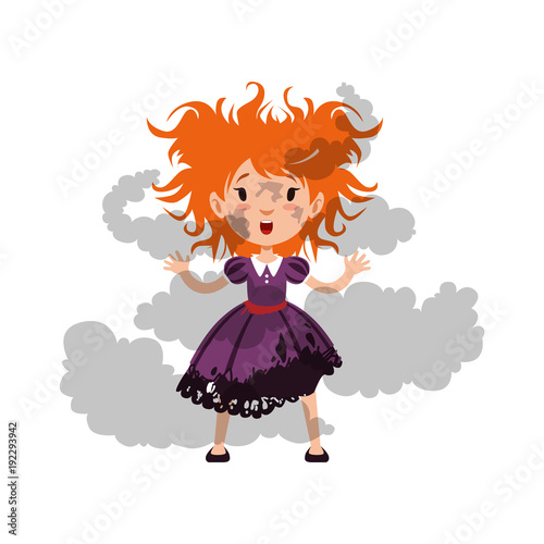 Illustration of little disheveled and soiled red-haired girl witch after the explosion of the potion. Kid character in costume. Flat cartoon vector isolated on white.