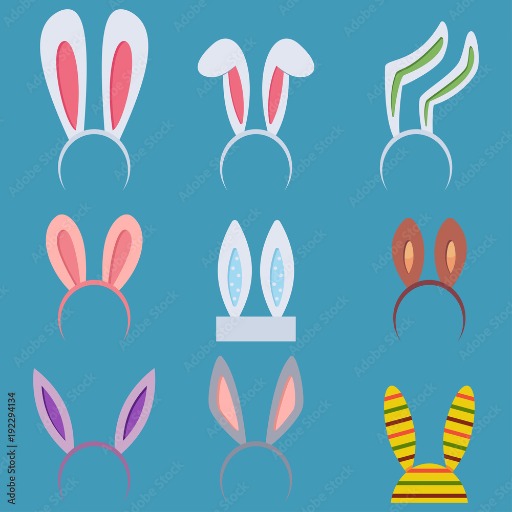 Cute Easter bunny ears set. Spring holiday headband of rabbit. Vector cartoon icons of masks, hair rim of hares isolated on blue background.