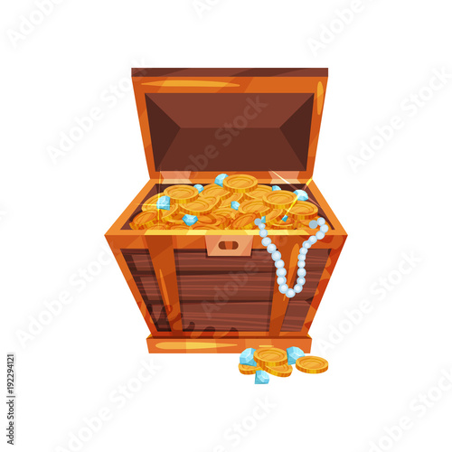 Cartoon wooden chest with shiny golden coins, blue diamonds and pearl necklace. Pirate treasures. Symbol of wealth and financial well-being. Flat vector design