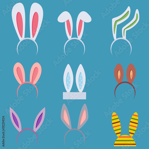 Cute Easter bunny ears set. Spring holiday headband of rabbit. Vector cartoon icons of masks, hair rim of hares isolated on blue background.