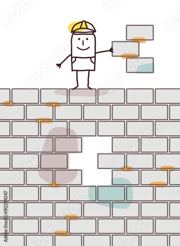 Cartoon Worker Holding a Piece of Wall