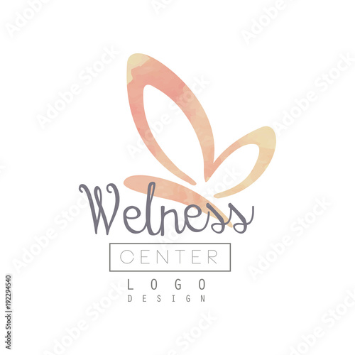 Logo with silhouette of butterfly and lettering. Wellness and health concept. Watercolor painting. Hand drawn calligraphy. Vector for spa center, beauty salon or fitness club