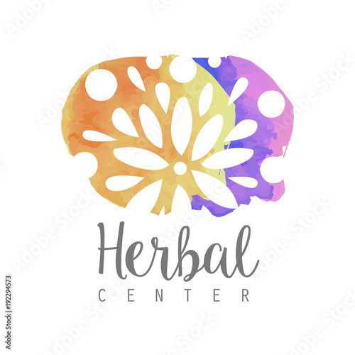Stains of paint with floral ornament. Colorful watercolor design for nutritionist logo or herbal spa emblem. Concept of alternative medicine. Hand drawn vector illustration