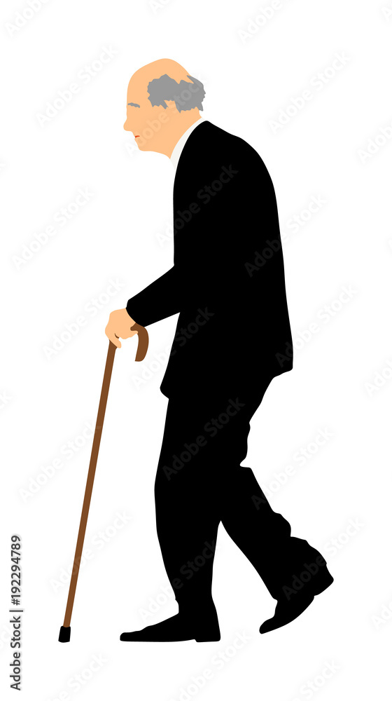 Happy elderly senior walking alone vector isolated on white . Old man person  with stick. Mature old people active life. Grandfather outdoor in park.  Health care in nursing home. Stock Vector
