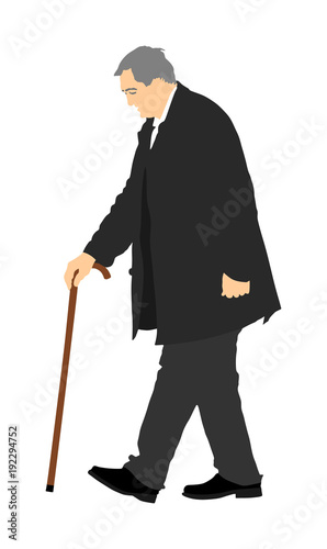 Happy elderly senior walking alone vector isolated on white . Old man person with stick. Mature old people active life. Grandfather outdoor in park. Health care in nursing home.