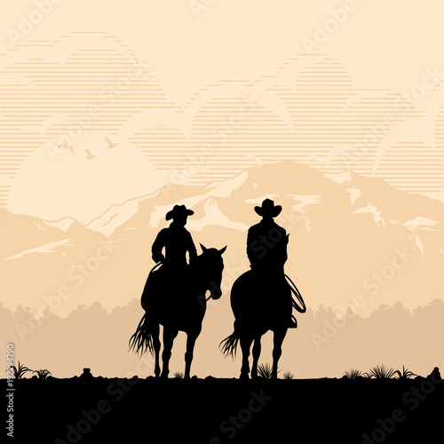 Silhouette of Cowboy couple riding horses at sunset, vector