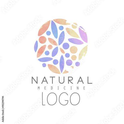 Creative emblem with colorful floral pattern in circle shape. Natural medicine and wellness concept. Logo design for spa and health center. Watercolor vector illustration