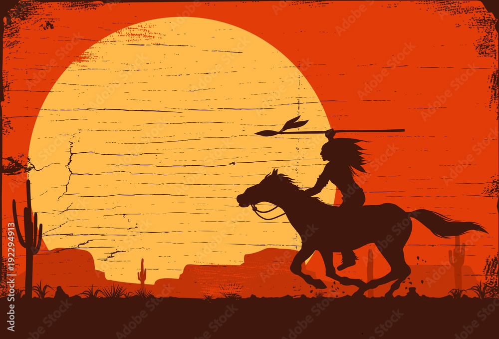 Silhouette of Native American Indian riding horseback with a spear on a ...