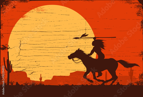 Silhouette of Native American Indian riding horseback with a spear on a wooden sign, vector