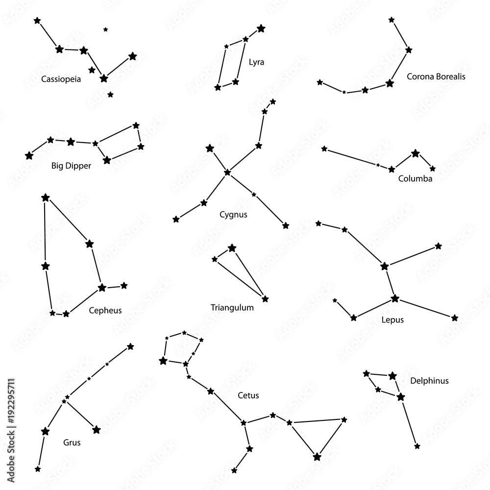 Naklejka premium Constellations: cassiopeia, big dipper, cepheus, lyra, grus, cygnus, triangulum, cetus, corona borealis, columba, lepus, delphinus, vector illustration