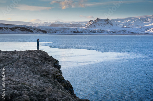 iceland nature, winter travel photo in snow, adventure, trip, hiking, mountains.