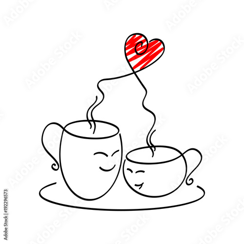 Hand drawn two cute in love cups of coffee/ tea