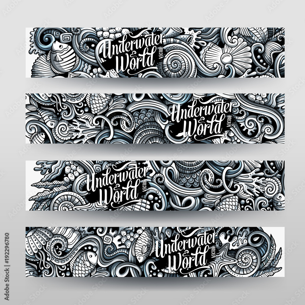 Obraz premium Cartoon graphics vector hand drawn doodles sealife horizontal banners