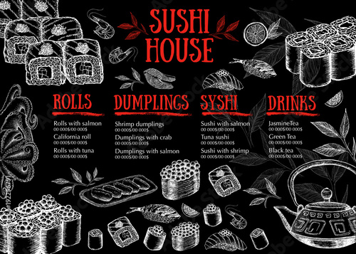 Menu with ink hand drawn sushi illustration.