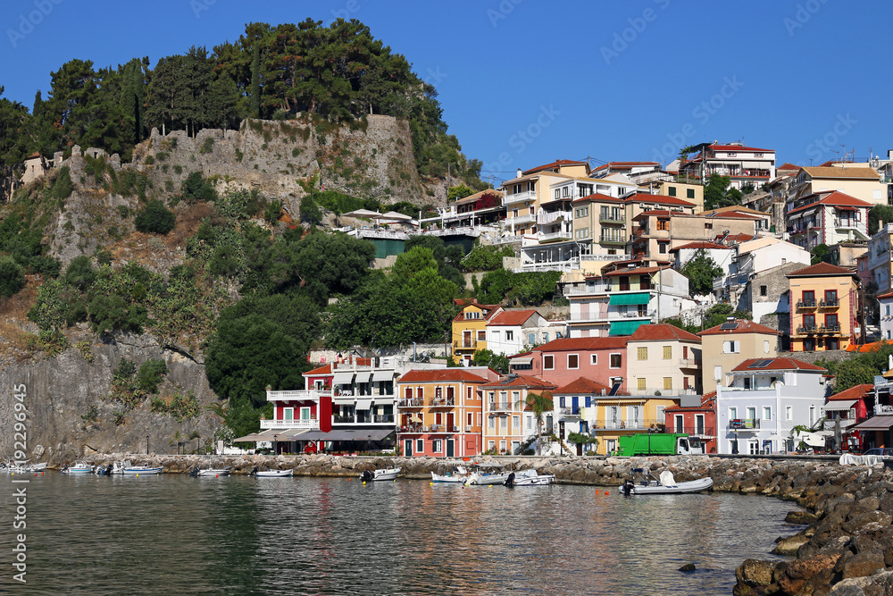 castle and old colorful buildings Parga Greece summer season