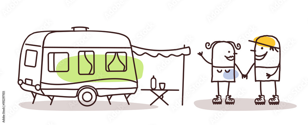 Cartoon Couple with Caravan Stock Vector | Adobe Stock