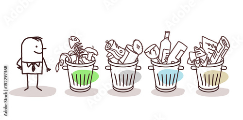 Cartoon  Man and Selective Sorted Garbage