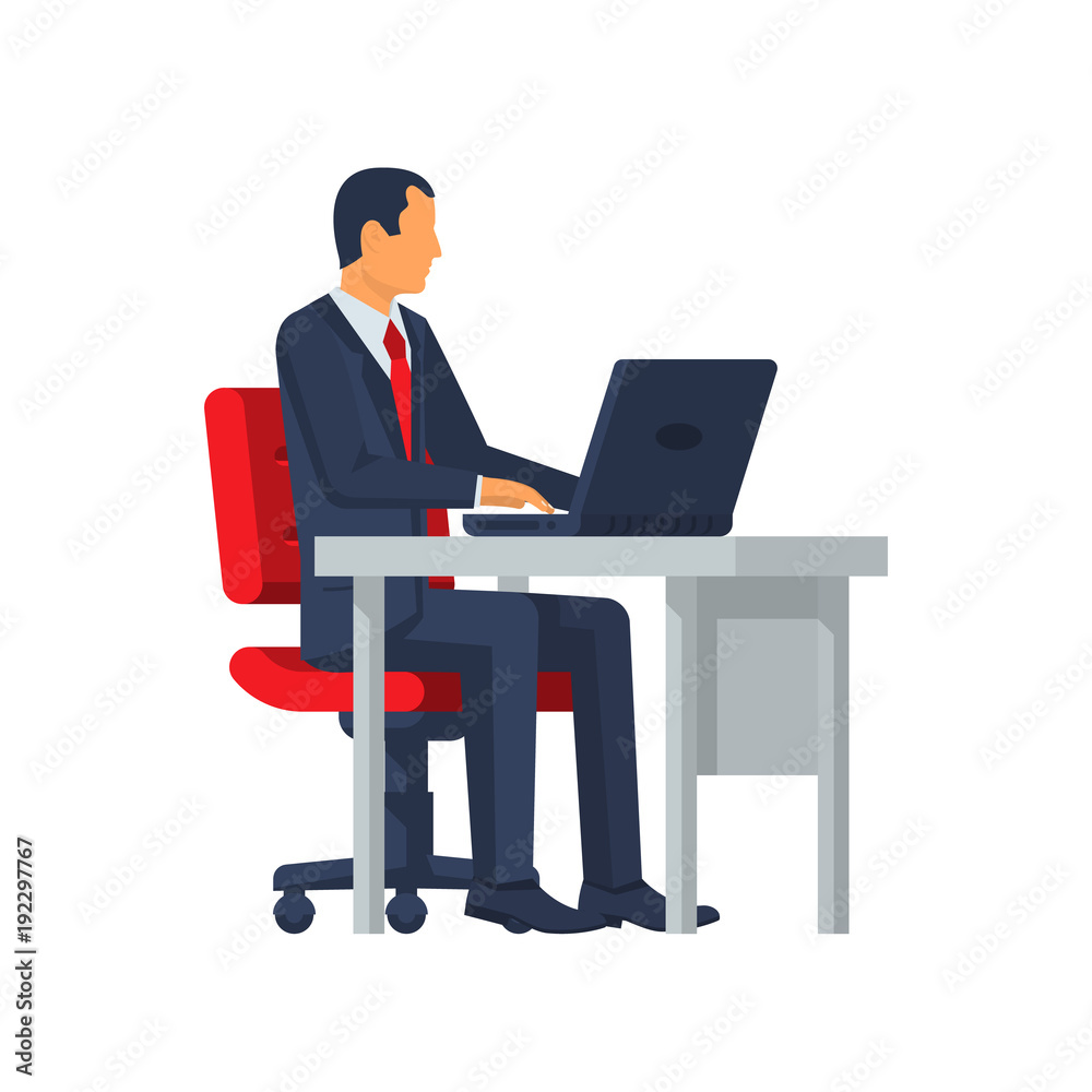 Businessman sitting at desk working on laptop. Vector illustration flat design. Isolated on white background. Office worker working paperwork. Computer on table. Businessman sitting at desk working on laptop. Vector illustration flat design. Isolated on white background. Office worker working paperwork. Computer on table.