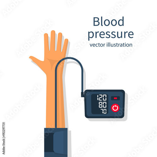 Man measuring patient blood pressure. Checking arterial blood pressure digital device tonometer. Healthcare concept. Vector illustration flat design. Medical equipment. Monitoring health.