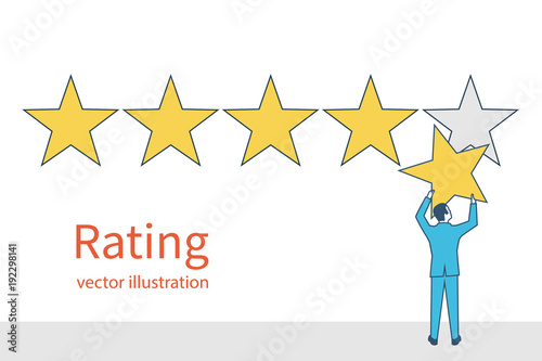 Star rating. Businessman holding a gold star in hand, to give five. Feedback concept. Evaluation system. Positive review. Vector illustration flat design. Isolated on white background. Quality work.