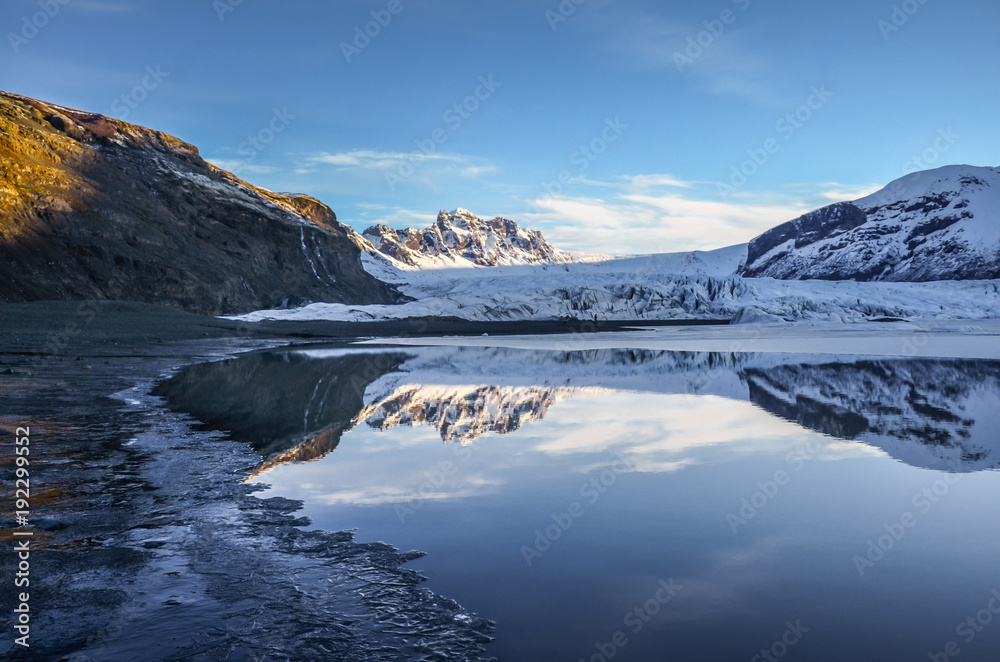 iceland nature, winter travel photo in snow, adventure, trip, hiking, mountains.