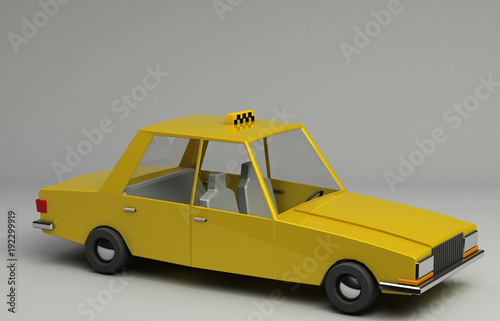 3d rendering of funny retro styled yellow taxi. Glossy bright vehicle on grey background with realistic shadows. Three-quarter view from above