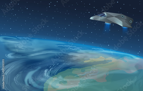 Vector illustration of spaceship flying over planet to blue star in opened galaxy space. Earth view from space.