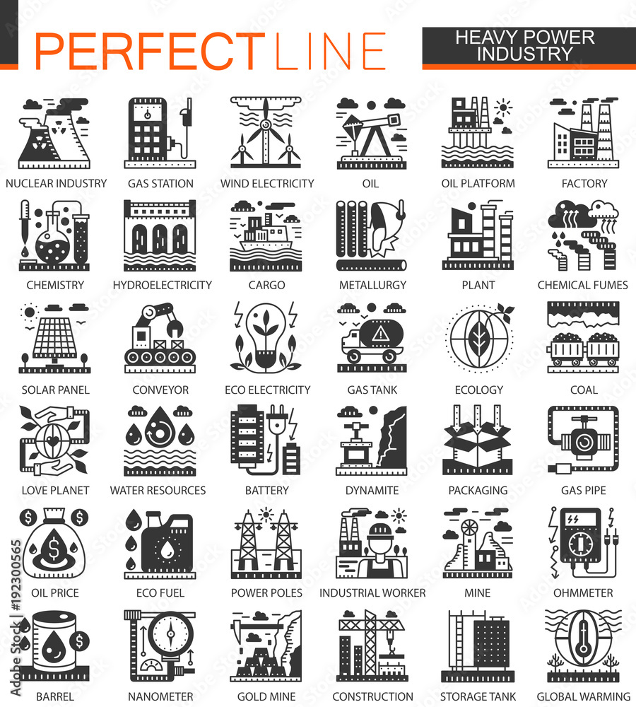 Vector Heavy and power industry black mini concept icons and infographic symbols set