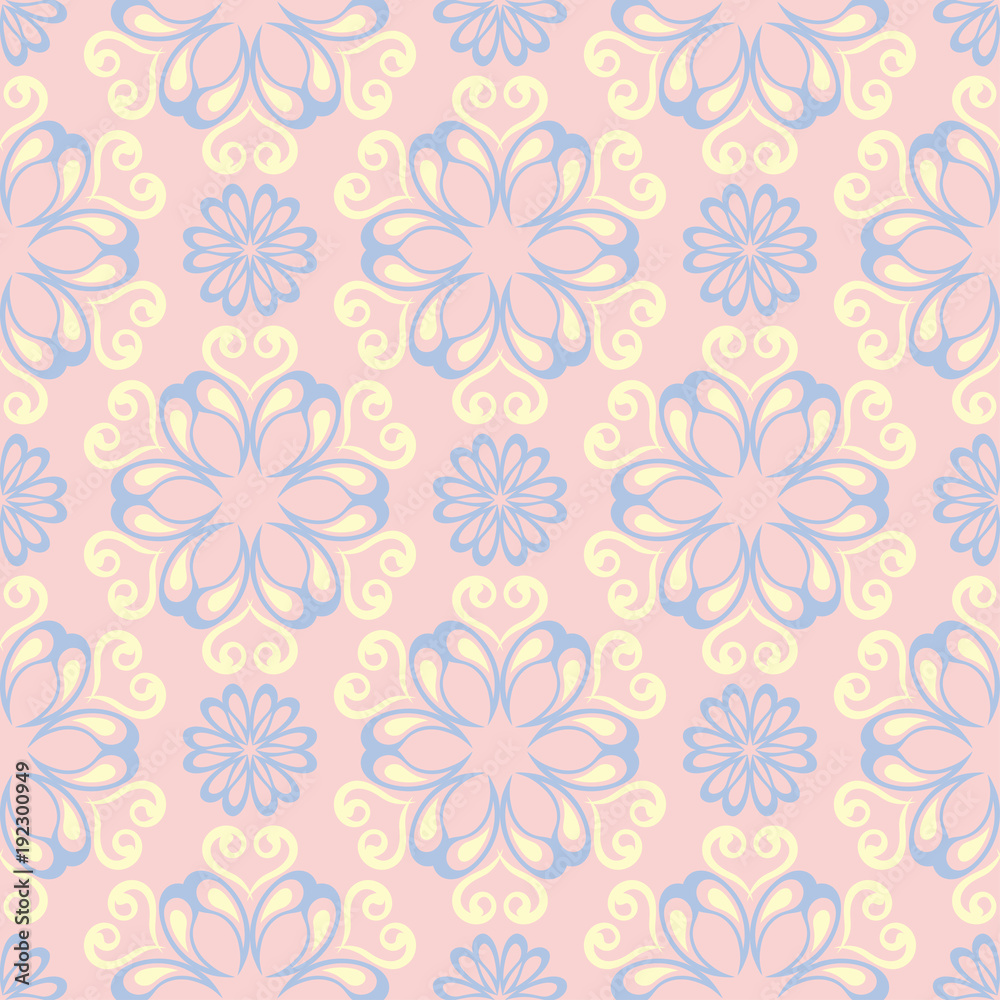 Floral pale pink seamless background. Floral pattern with light blue and yellow elements Floral pale pink seamless background. Floral pattern with light blue and yellow elements